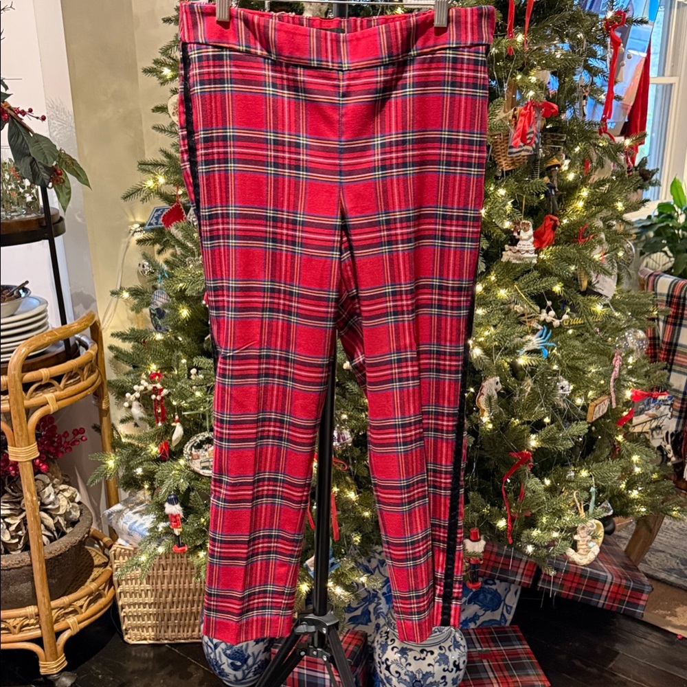 Ralph Lauren Aesthetic tartan Talbots Red Plaid Pants  black velvet ribbon trim